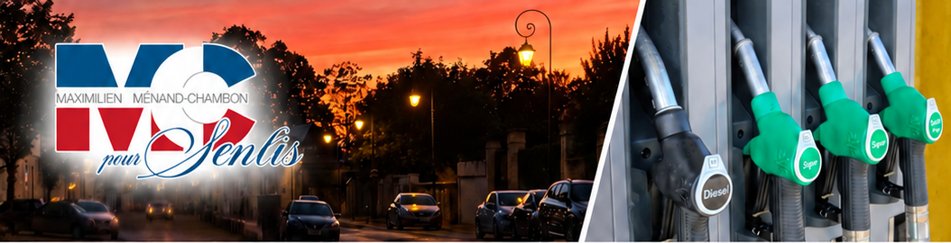 Voitures à Senlis au coucher du soleil et pompes à carburant